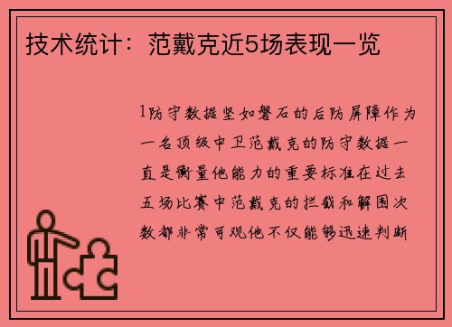 技术统计：范戴克近5场表现一览