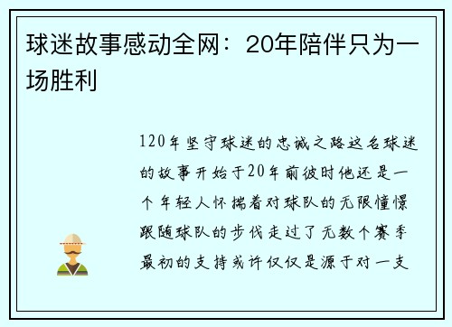 球迷故事感动全网：20年陪伴只为一场胜利