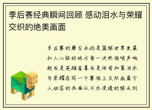 季后赛经典瞬间回顾 感动泪水与荣耀交织的绝美画面